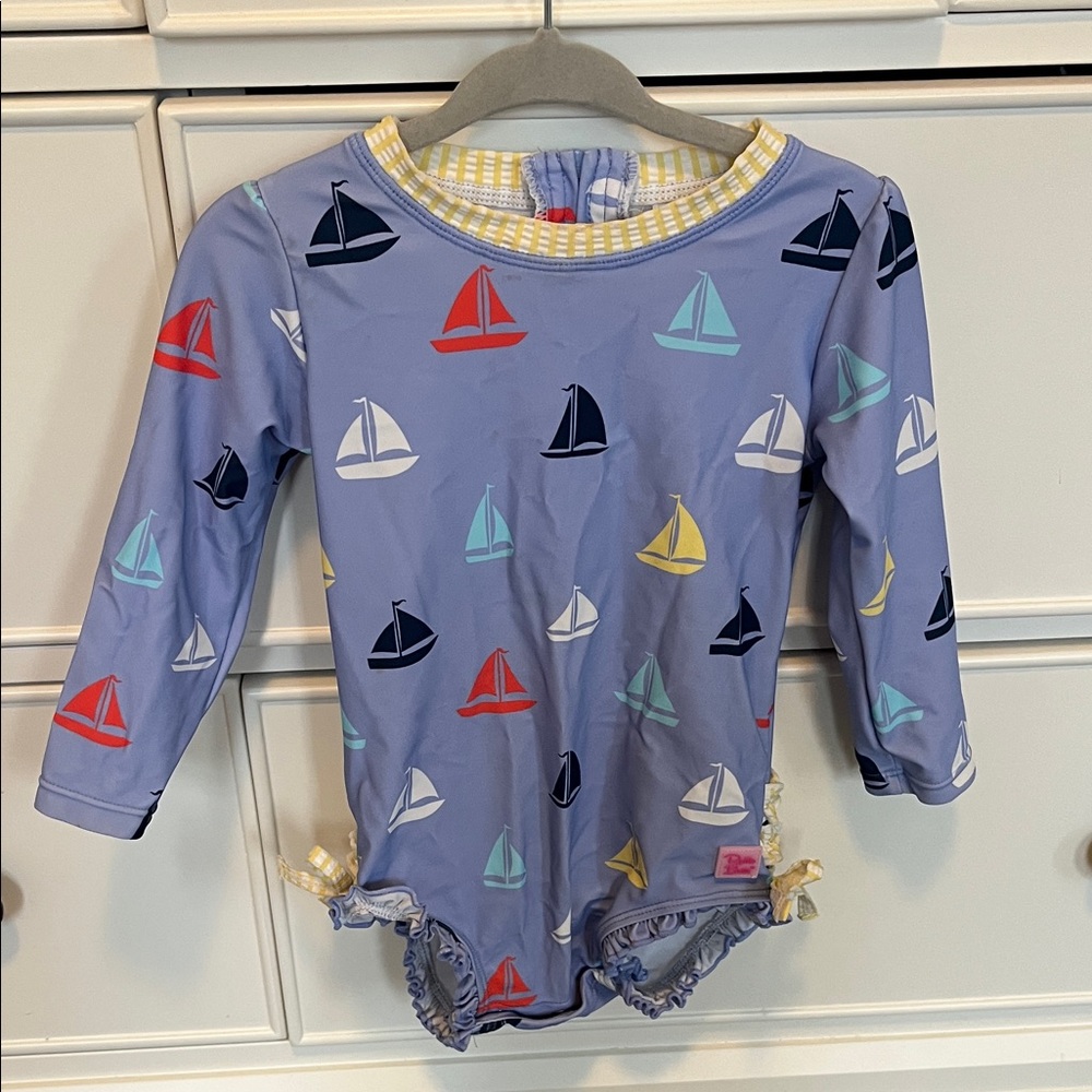 Ruffle Butts Kids Swim One Piece - Blue with Colorful Sailboats